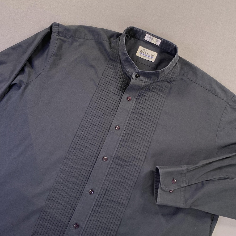 Classix Shirt Mens 2XL 36/37 Black Pleated Tuxedo Band Collar Long Sleeve Dress